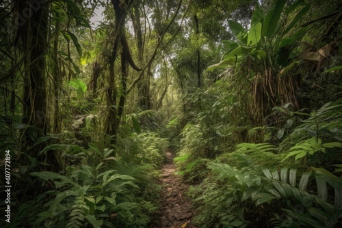 jungle trail winding its way through dense foliage  with glimpses of the sky above  created with generative ai