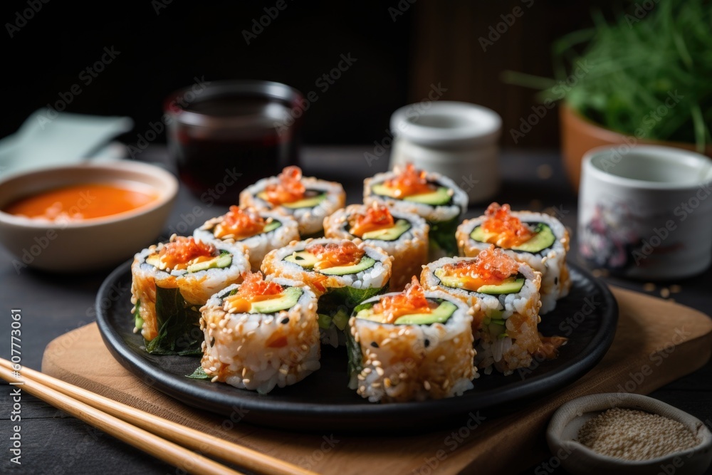 japanese sushi roll with a korean twist, featuring kimchi and hot sauce, created with generative ai japanese sushi roll with a korean twist, featuring kimchi and hot sauce, created with generative ai