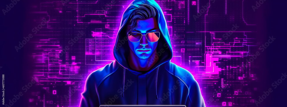a hacker in a hooded sweatshirt and glasses, banner, made with Generative AI
