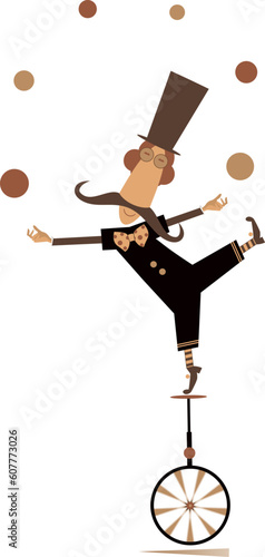Equilibrist man on the unicycle juggles the balls. 
Funny man in the top hat balances on the unicycle and juggles the balls. Isolated on white background
