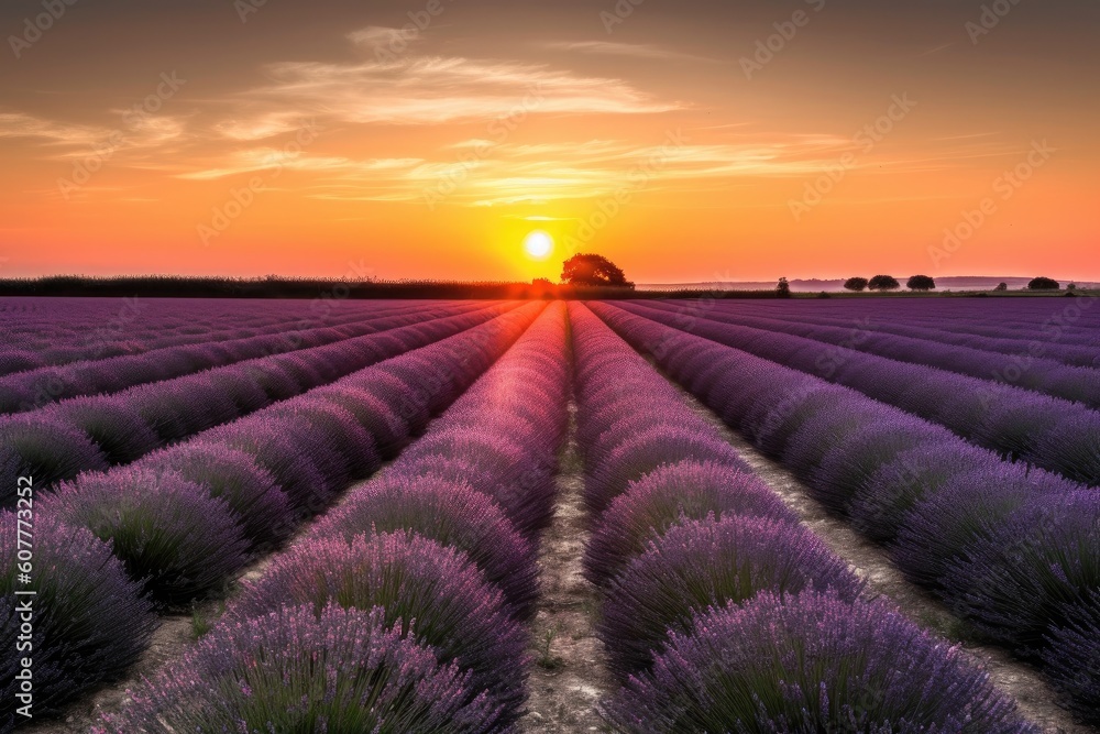lavender field with sun setting behind the horizon, creating a breathtaking view, created with generative ai lavender field with sun setting behind the horizon, creating a breathtaking view, created with generative ai