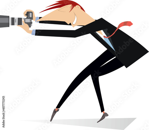 Man a photographer illustration. 
Young man with a camera making photo. Isolated on white background
