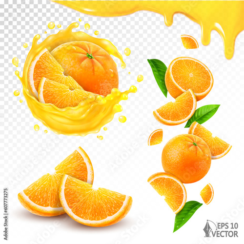 Set of fresh whole and sliced orange, transparent fresh citrus juice splash, falling ripe oranges and slices. 3d realistic vector food illustration isolated on white background