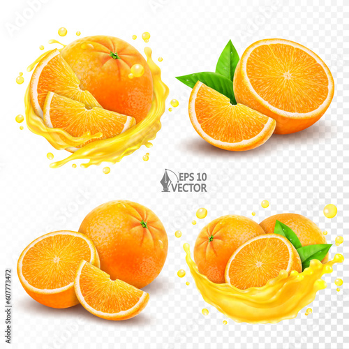 Set of natural whole orange fruits with half and green leaves isolated on white background. Transparent splash of fresh squeezed cirtus juice. 3d realistic vector illustration