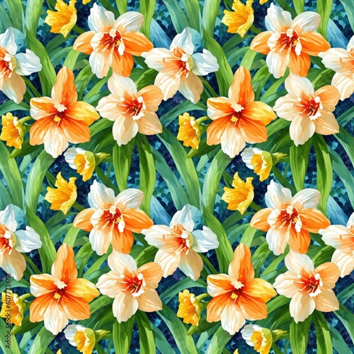 Seamless floral pattern with daffodil flowers  tileable  Generative AI