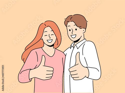 Smiling couple showing thumbs up give recommendation to good quality service. Happy man and woman recommend company to clients. Vector illustration. 