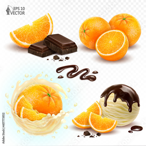 Realistic vector set of desserts with fresh orange fruits, flavored citrus ice cream, liquid chocolate topping. 3d food illustration isolated on white background