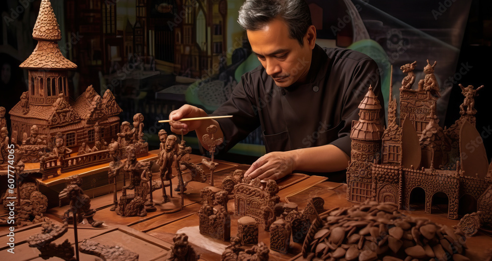 A fictional person. Chocolatier's Showcase: Intricately Crafted Chocolate Sculptures and Showpieces