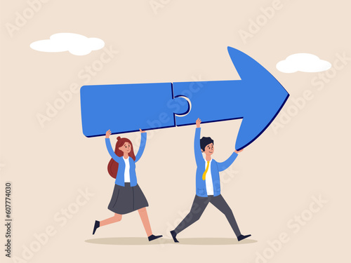 Teamwork concept. Connecting jigsaw puzzle metaphor of solving problem together, business direction or collaborate for winning and achieve success, business people coworkers connecting arrow jigsaw.