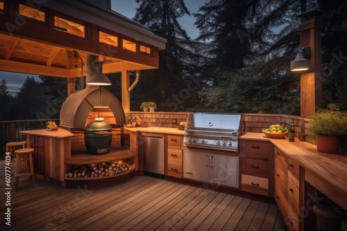 cozy, custom-built cooking station with warm lighting and cozy seating for two, created with generative ai