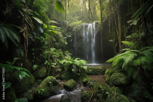 majestic waterfall cascading over lush jungle landscape, created with generative ai © Alfazet Chronicles