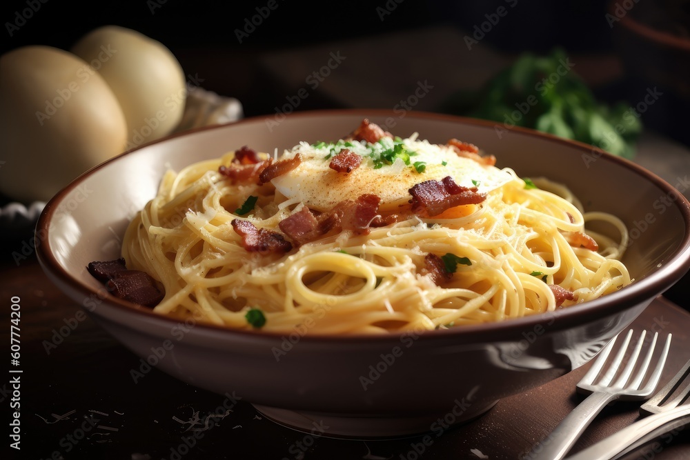 bowl of spaghetti carbonara with crispy bacon and eggs, created with generative ai bowl of spaghetti carbonara with crispy bacon and eggs, created with generative ai