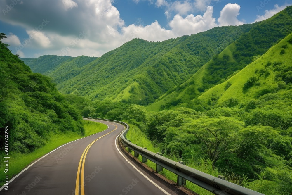 scenic highway, with rolling hills and lush greenery, leading to mountain range in the distance, created with generative ai scenic highway, with rolling hills and lush greenery, leading to mountain range in the distance, created with generative ai