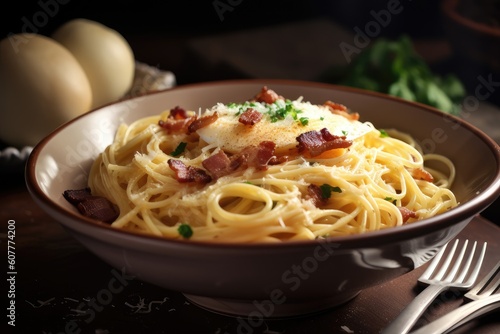 bowl of spaghetti carbonara with crispy bacon and eggs, created with generative ai
