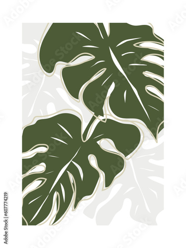 Abstract botanical poster - minimalist tropical leaves in retro 70s style. Monstera art print, vector illustration.