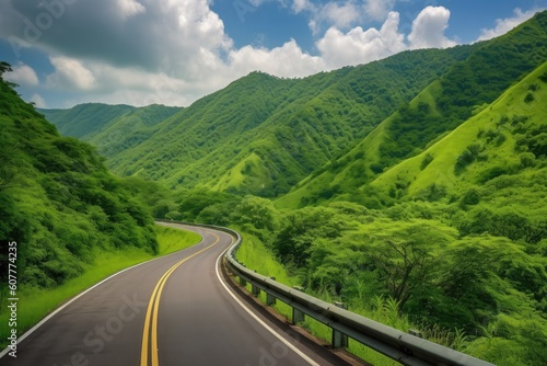 scenic highway  with rolling hills and lush greenery  leading to mountain range in the distance  created with generative ai