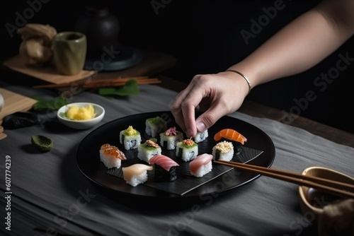 food stylist, arranging different kinds of sushi on a plate, created with generative ai