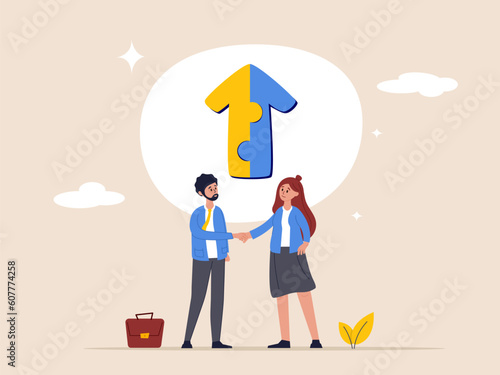 Cooperation concept. Joint venture business partnership agree to share resource and work together to achieve same goal, merge or acquisition, businessman handshake connect growth arrow jigsaw puzzle.