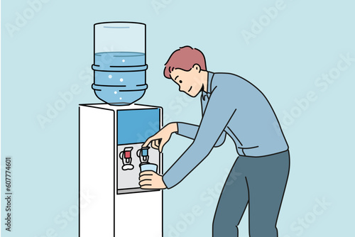 Smiling man get water in cooler in office. Male pour clean still aqua from dispenser at workplace. Vector illustration. 