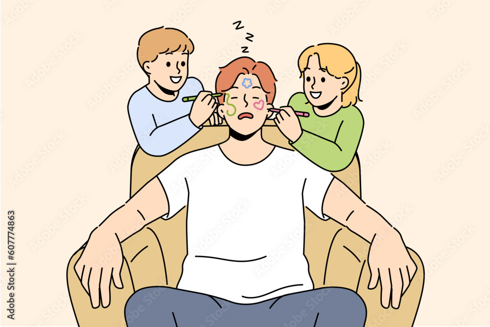 Happy children have fun drawing on father sleeping on chair at home. Naughty smiling kids paint on sleepy dad face, relaxing in armchair. Vector illustration. Happy children have fun drawing on father sleeping on chair at home. Naughty smiling kids paint on sleepy dad face, relaxing in armchair. Vector illustration.