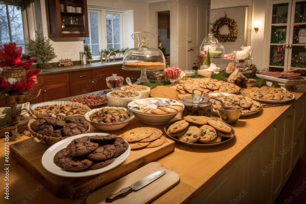 warm and cozy kitchen with dozens of freshly baked cookies and biscotti on platters, created with generative ai