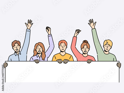 Smiling people holding mockup banner participate in demonstration or protest. Happy men and women with empty placard take part in rally. Volunteer and activist. Vector illustration. 