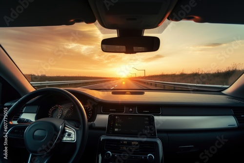 connected car driving on the highway, with view of the sunset in the background, created with generative ai © Alfazet Chronicles