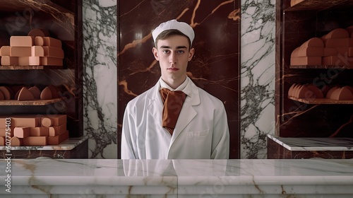 A fictional person.  Portrait of Chocolatier in Front of Marble Slab