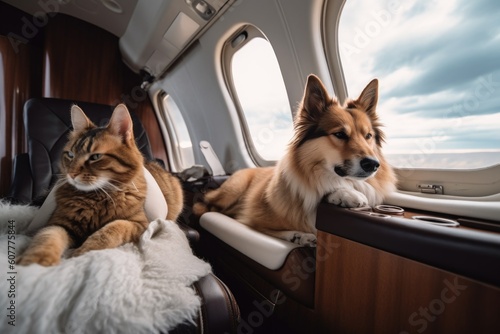 cat and dog lounging in cabin of private jet, with view of the clouds, created with generative ai