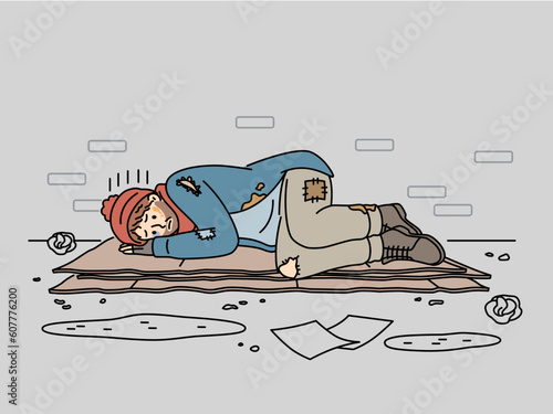 Unhappy homeless man sleeping on street suffer from poverty and hunger. Upset poor male feel despair of dirty city street. Homelessness concept. Vector illustration. 