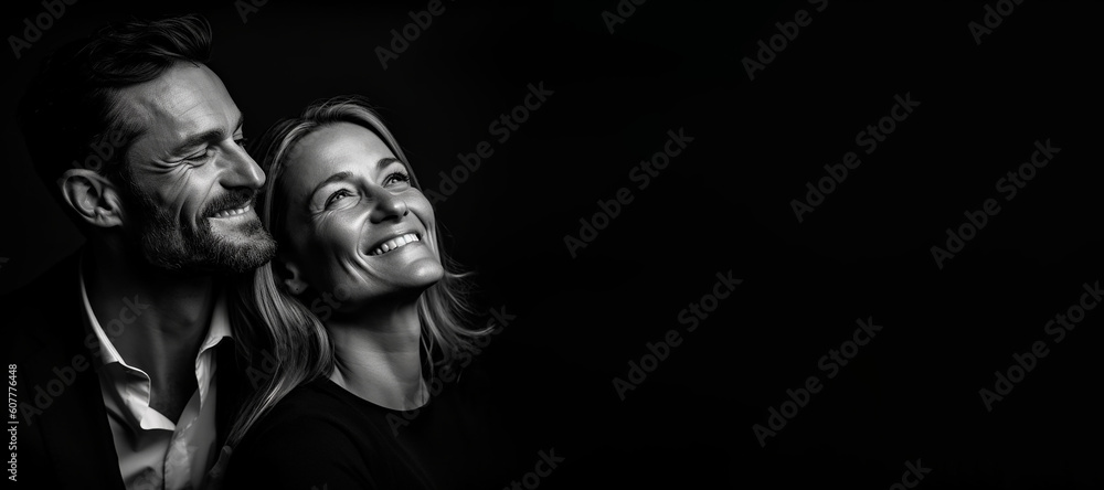 Black and white photorealistic studio portrait of a happy loving couple on black background. Generative AI illustration Black and white photorealistic studio portrait of a happy loving couple on black background. Generative AI illustration
