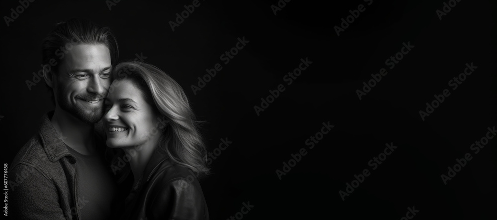 Black and white photorealistic studio portrait of a happy loving couple on black background. Generative AI illustration Black and white photorealistic studio portrait of a happy loving couple on black background. Generative AI illustration