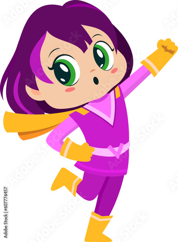 Cute Super Hero Kid Girl Cartoon Character. Vector Illustration Flat Design Isolated On Transparent Background