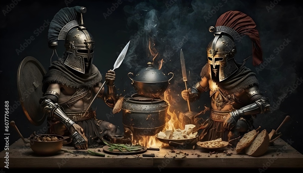 Fototapeta premium Ancient soldiers are cooking. Generative AI 