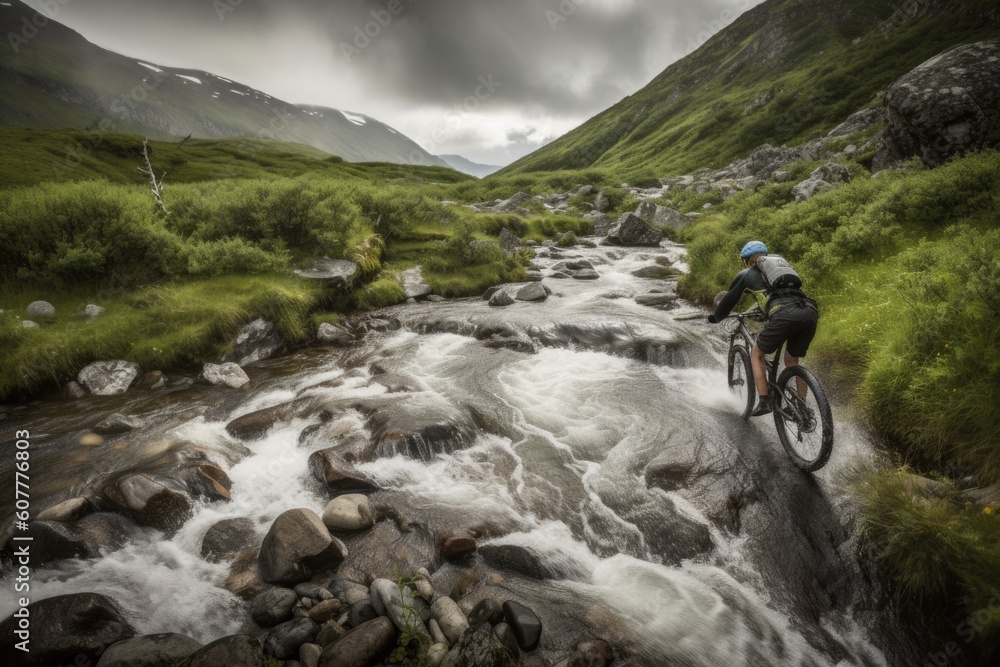 mountain biker riding past rushing stream, with view of the valley beyond, created with generative ai mountain biker riding past rushing stream, with view of the valley beyond, created with generative ai