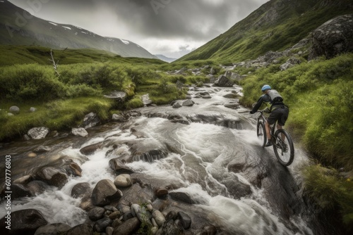 mountain biker riding past rushing stream  with view of the valley beyond  created with generative ai