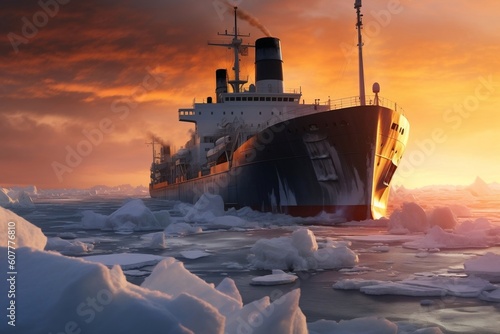 An icebreaker ship forcefully navigating through the Arctic ice. AI