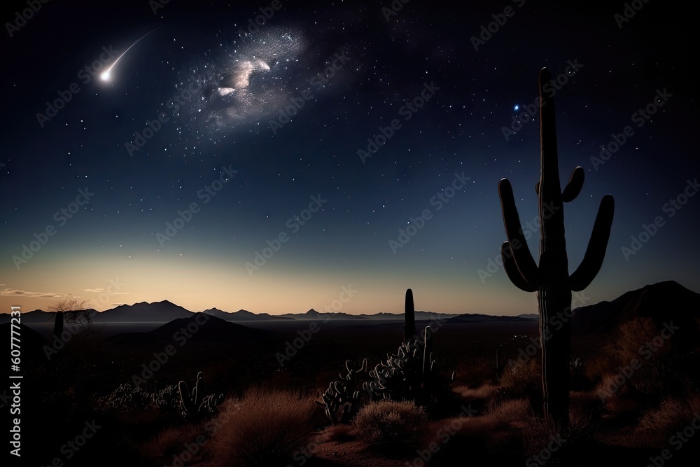 night sky, with stars and moon shining over desert landscape, with silhouette of cactus in the foreground, created with generative ai night sky, with stars and moon shining over desert landscape, with silhouette of cactus in the foreground, created with generative ai