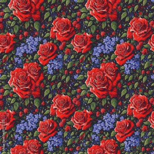 Seamless floral pattern with Rose flowers, tileable, Generative AI