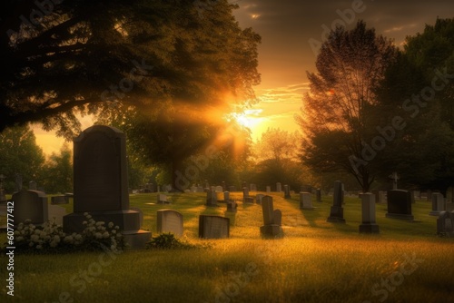 peaceful cemetery, with the warm glow of the sun filtering through clouds, created with generative ai