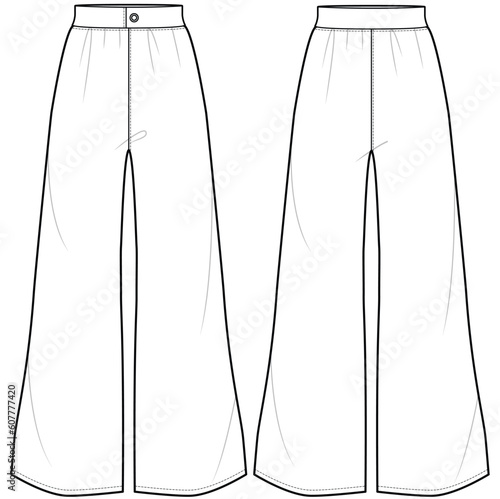 womens high waist wide leg pants flat sketch vector illustration technical cad drawing template