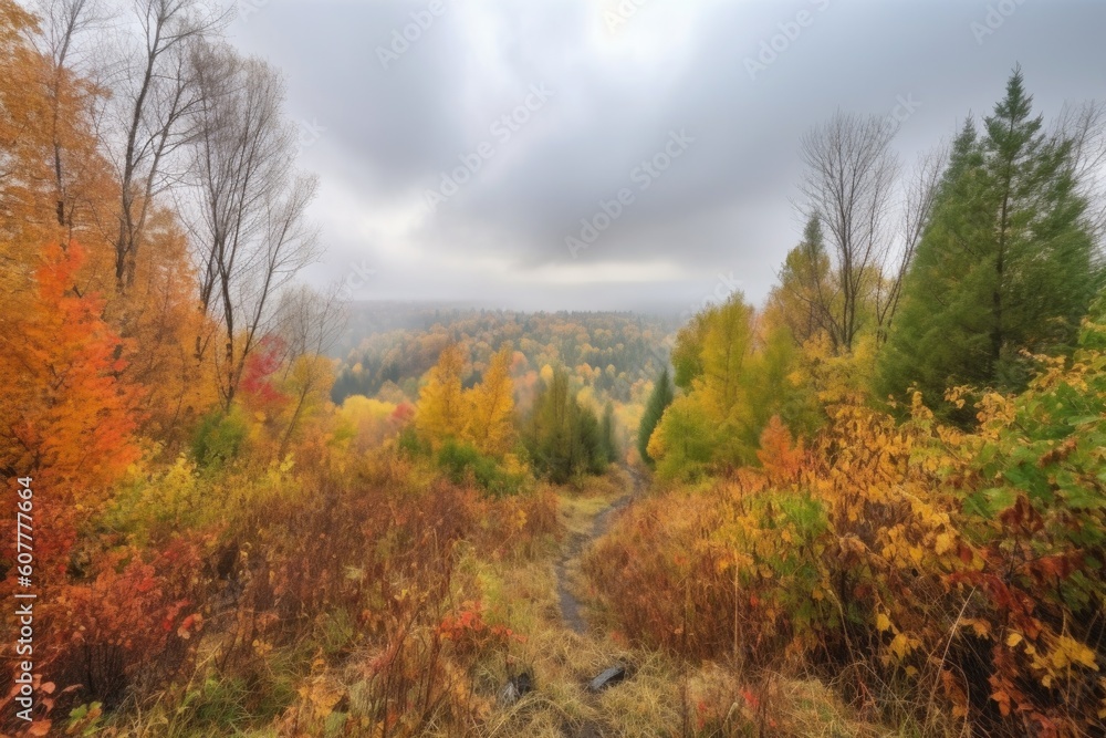 Fototapeta premium autumn forest hike with colorful foliage and misty clouds in the sky, created with generative ai