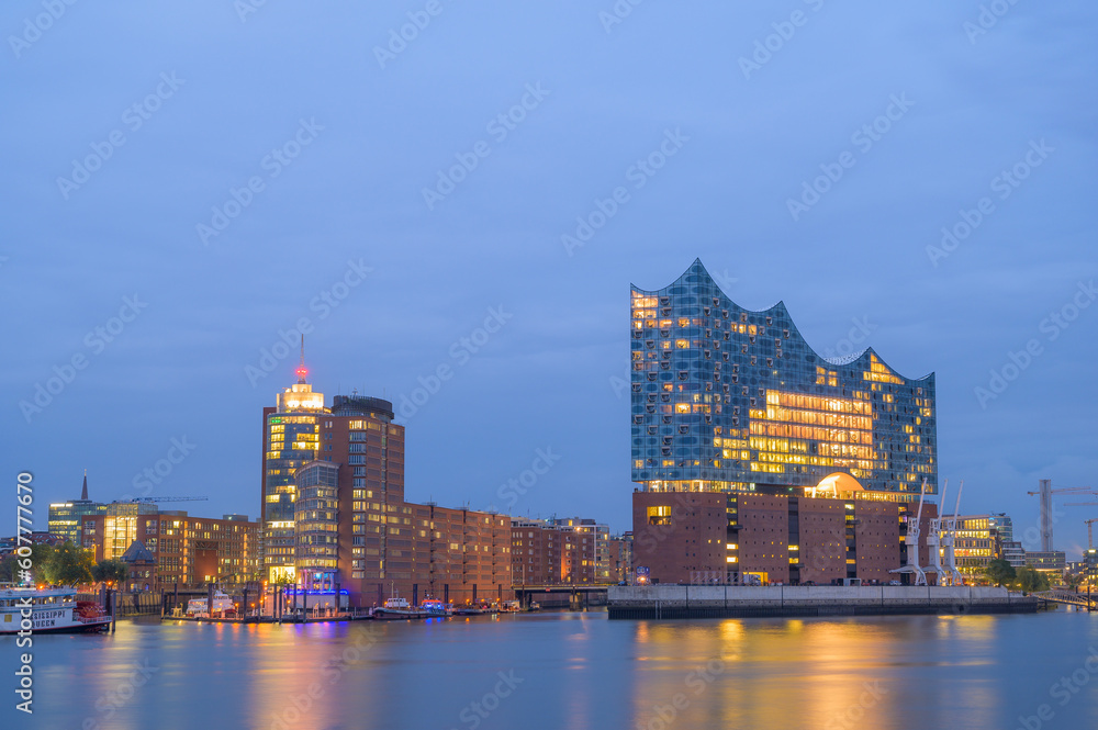Beautiful iluminated Hamburg Elbphilharmonie at Night, Germany