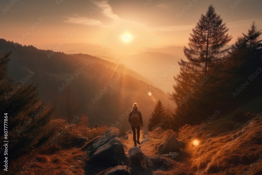 scenic hike through mountains, with a view of the sunrise, created with generative ai