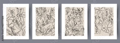 Still life plants blooming herbs wall art print. Contemporary decorative background with herbs. Printable minimal abstract plants poster. Set, collection. Wall artwork for interior design.