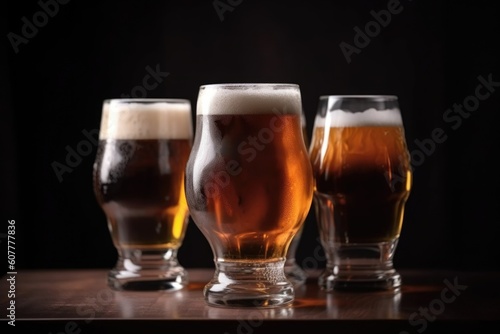 close-up of draught beer glasses with foamy head and full of delicious flavor, created with generative ai