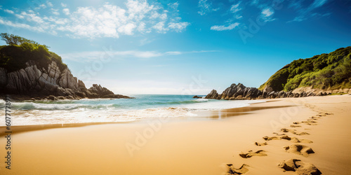 Tropical paradise beach with white sand and crystal clear blue water. Beautiful natural summer vacation holidays background. Travel tourism wide panorama background concept. digital ai art