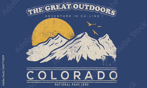 Great outdoor. Outdoors vector print design for t-shirt. Mountain lake artwork. Take me to the mountain.  Colorado national park.