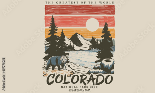 Colorado national park graphic t-shirt print design. Wild lake with bear artwork.