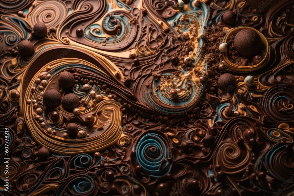 chocolate art piece featuring intricate swirling patterns and colors, created with generative ai